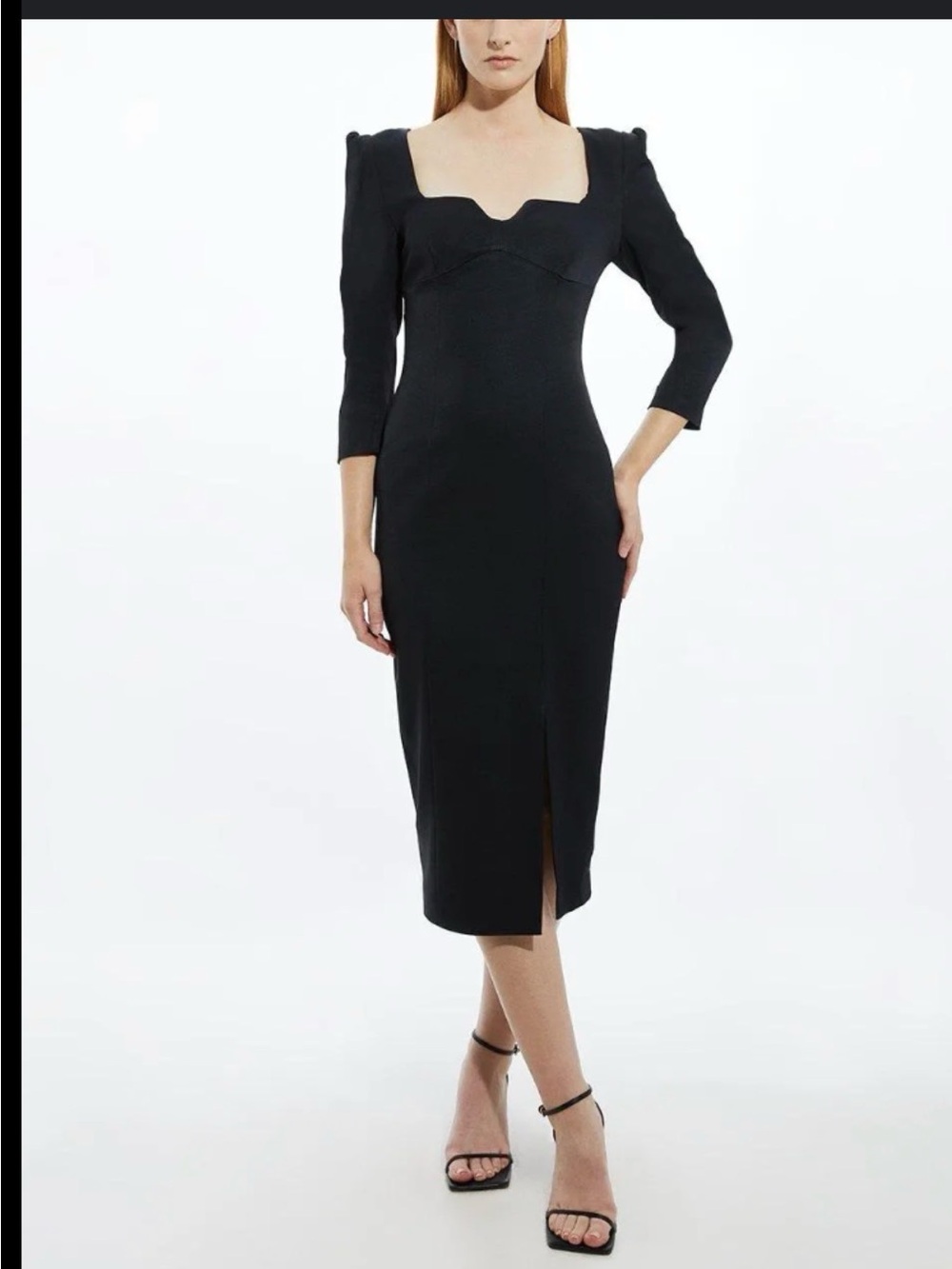 Karen Millen Black Midi Dress with Sweetheart Square Neck
